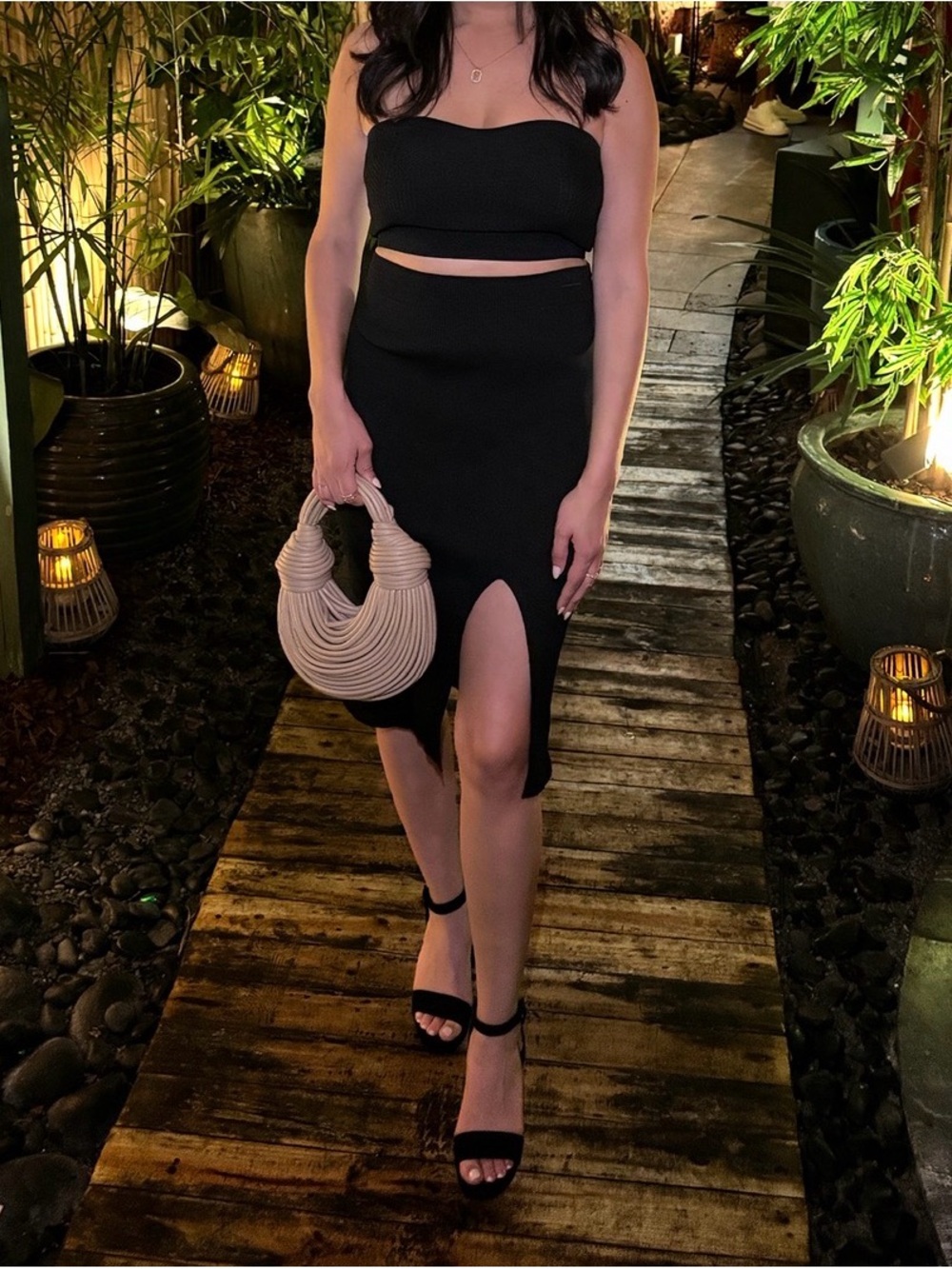 Women’s Black High-Waist Midi Skirt with Front Slit